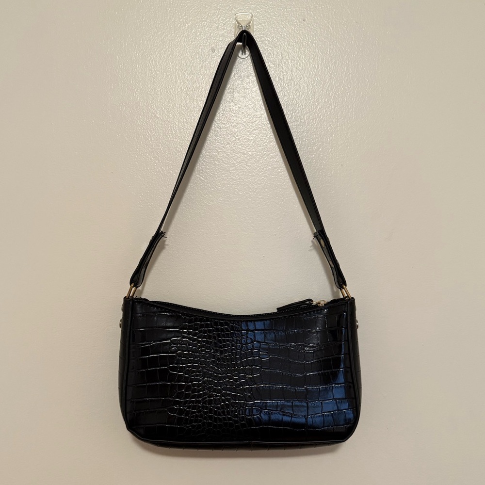 Black Faux Crocodile Shoulder Bag